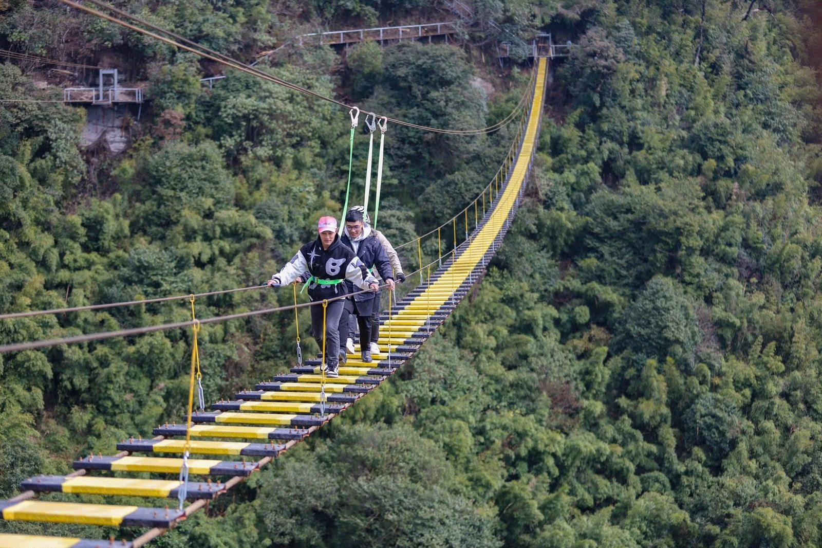 Guests crossing an elevated adventure bridge